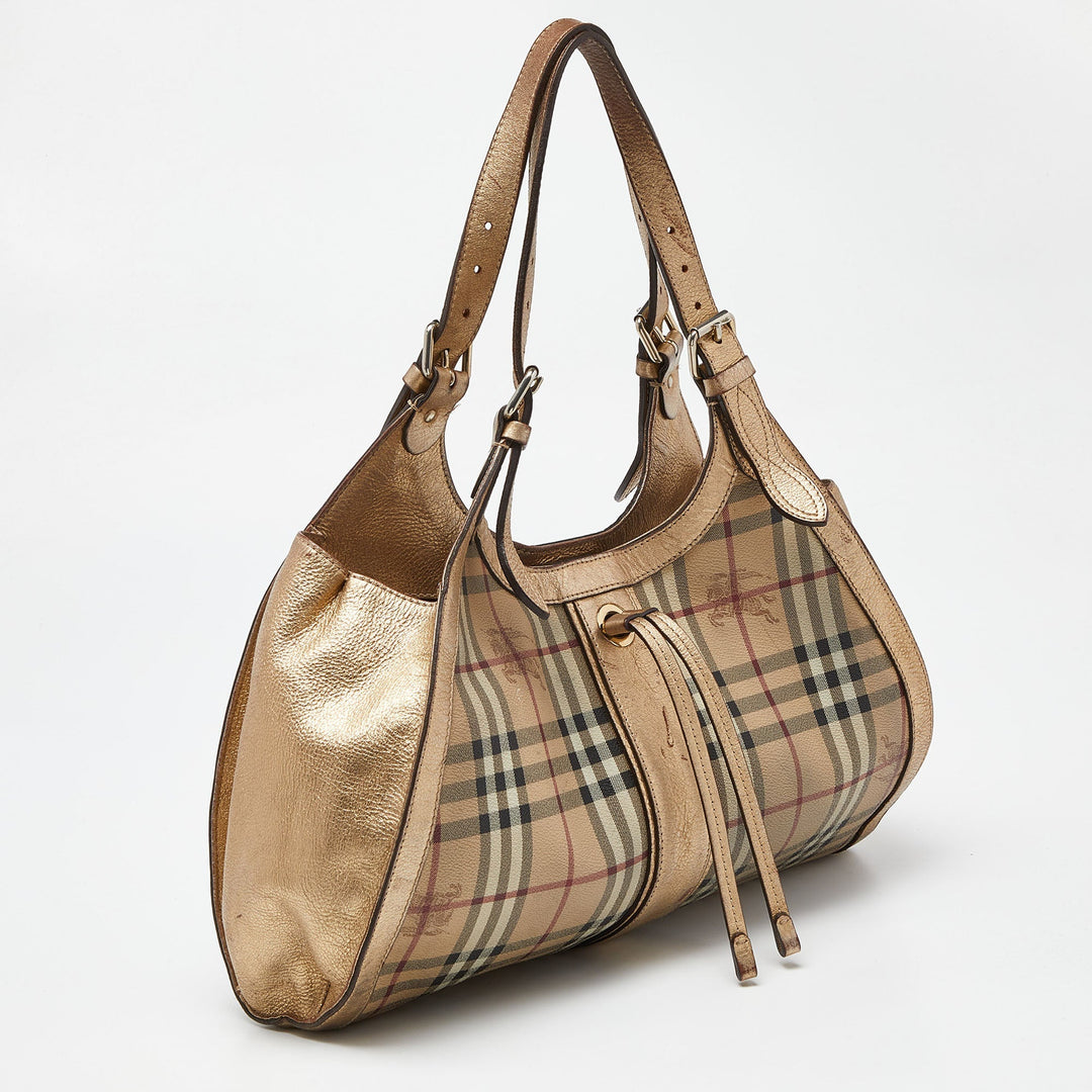 BURBERRY Beige/Gold Haymarket Check PVC and Leather Hobo