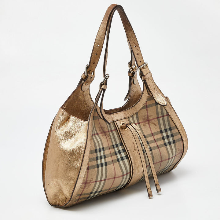 BURBERRY Beige/Gold Haymarket Check PVC and Leather Hobo