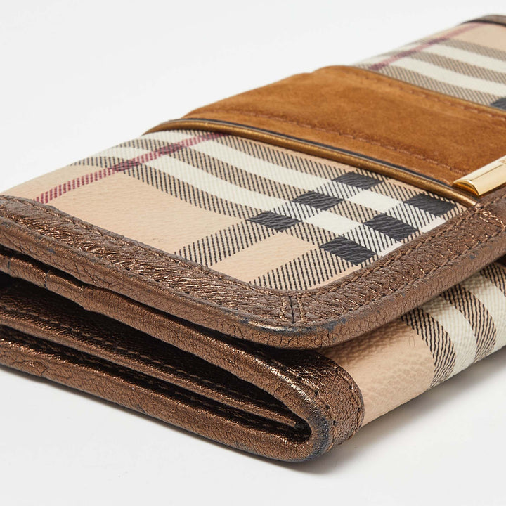 BURBERRY Beige/Metallic Nova Check PVC,Leather and Suede Flap Continental Wallet