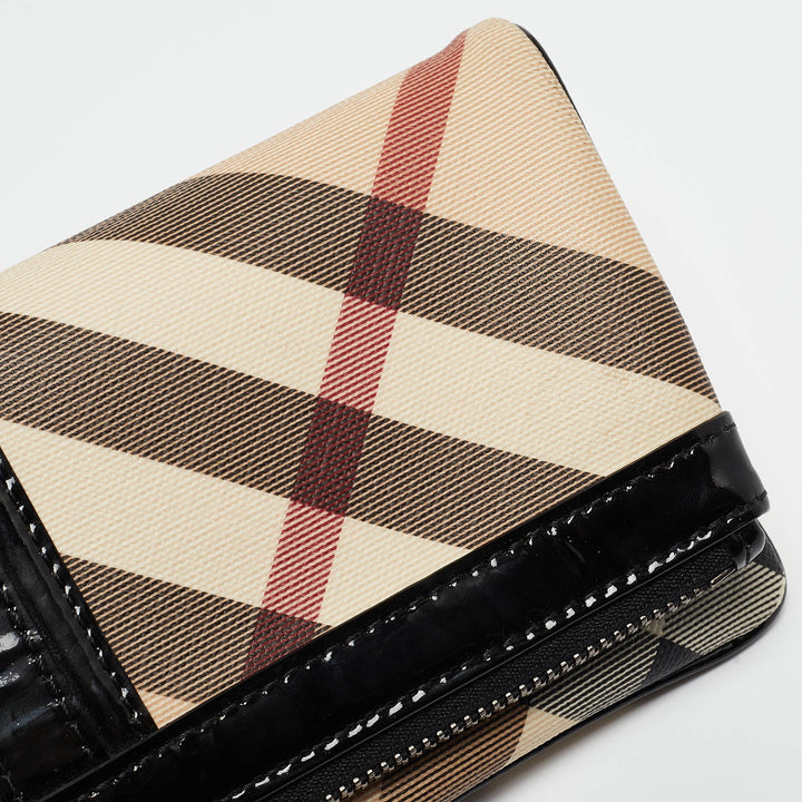 BURBERRY Beige/Black Nova Check PVC and Patent Leather Fold Over Wristlet Clutch