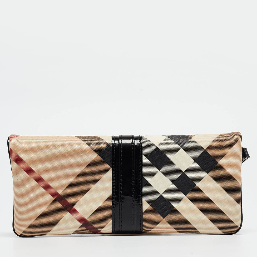 BURBERRY Beige/Black Nova Check PVC and Patent Leather Fold Over Wristlet Clutch