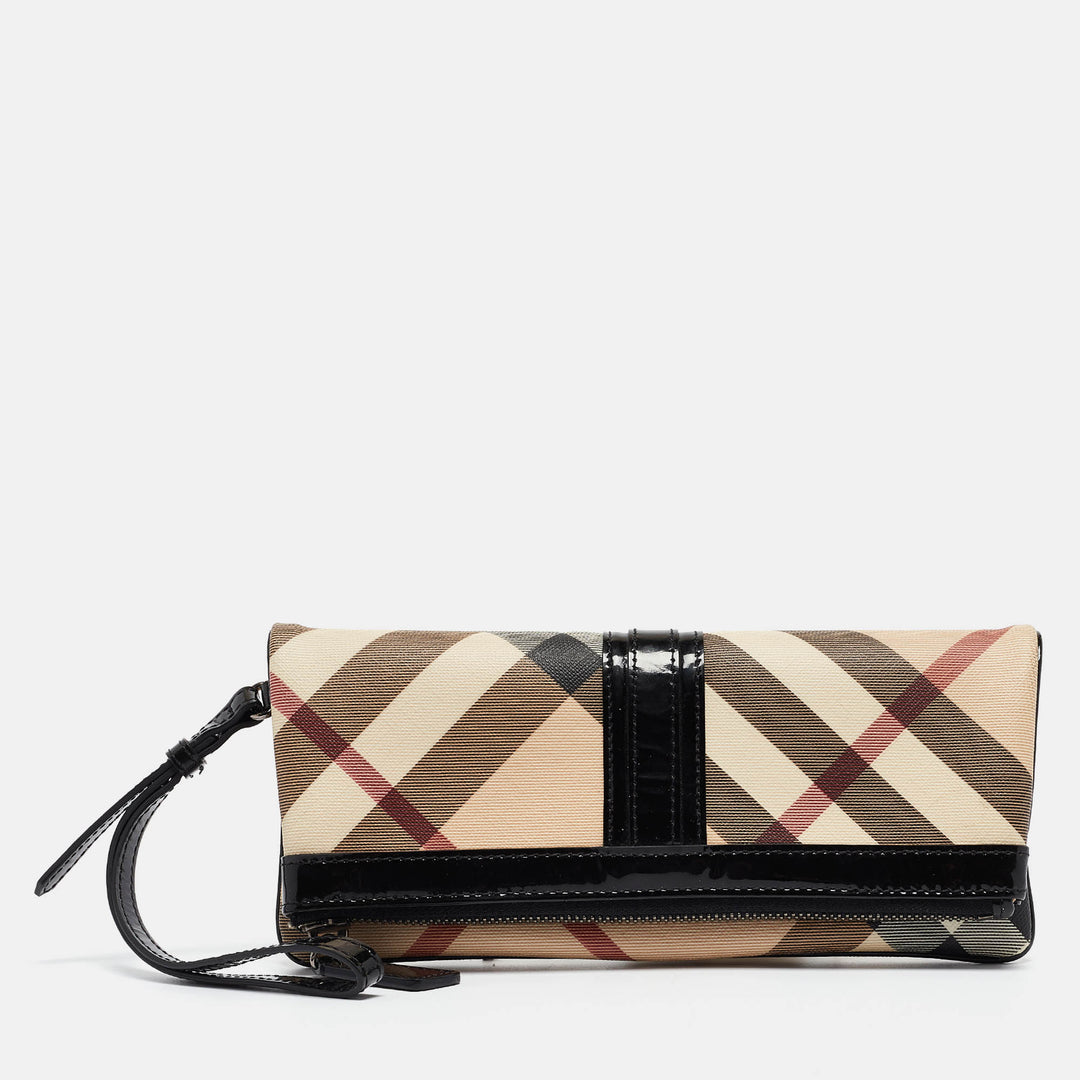 BURBERRY Beige/Black Nova Check PVC and Patent Leather Fold Over Wristlet Clutch