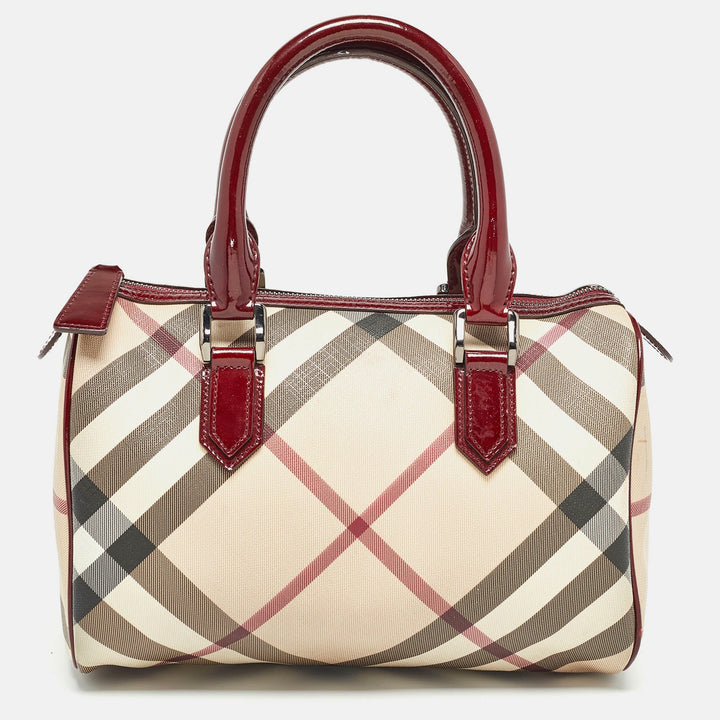 BURBERRY Beige/Red Nova Check PVC and Patent Leather Chester Boston Bag