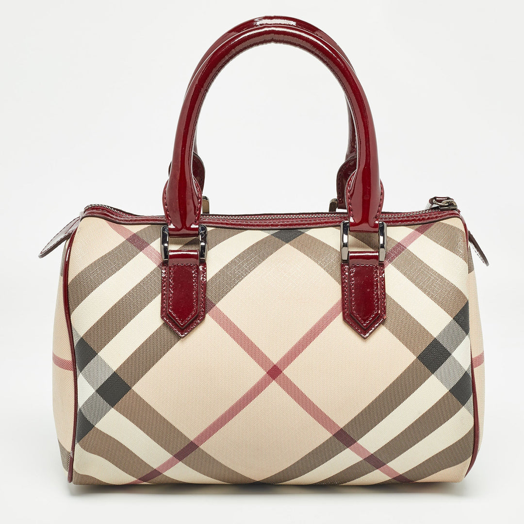 BURBERRY Beige/Red Nova Check PVC and Patent Leather Chester Boston Bag