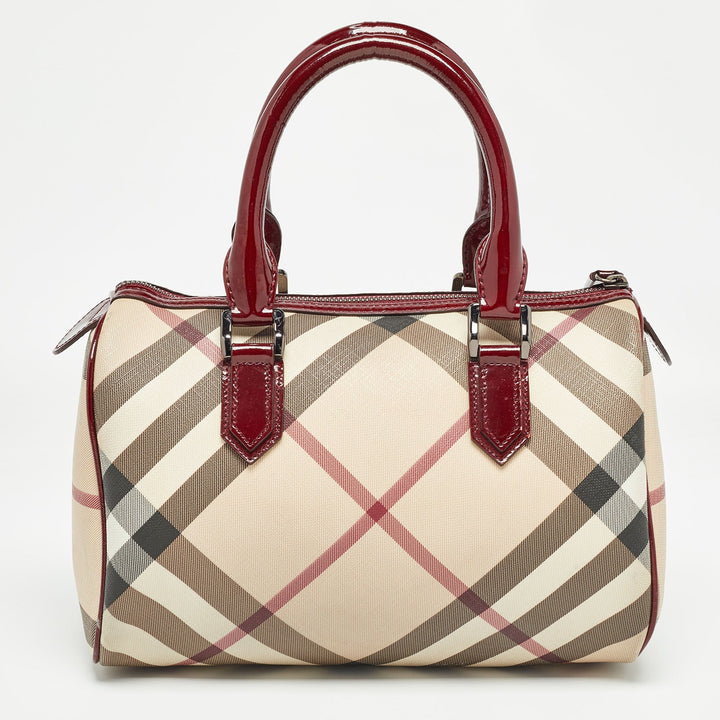 BURBERRY Beige/Red Nova Check PVC and Patent Leather Chester Boston Bag