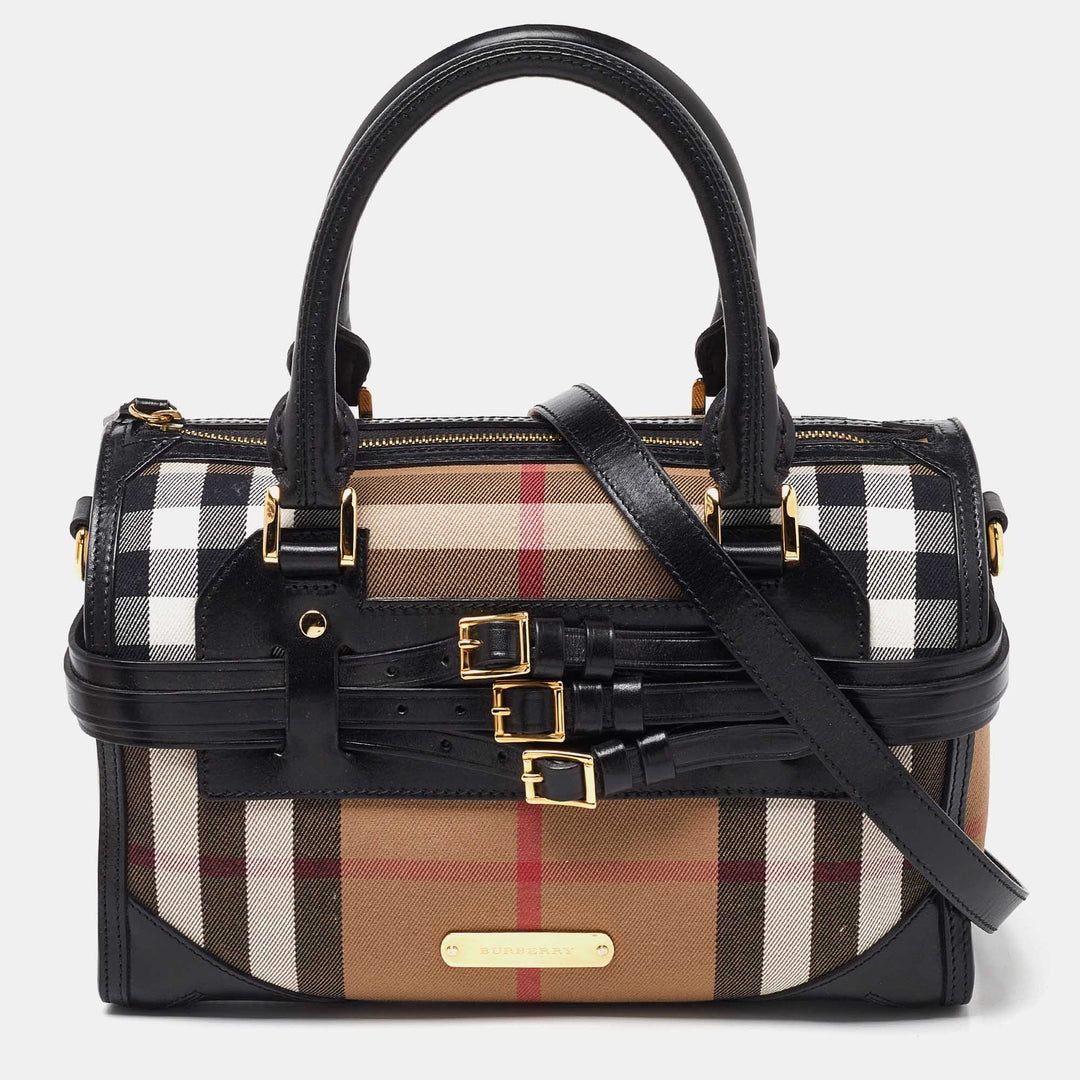 BURBERRY Beige/Black House Check Fabric and Leather Bridle Chester Bowler Bag