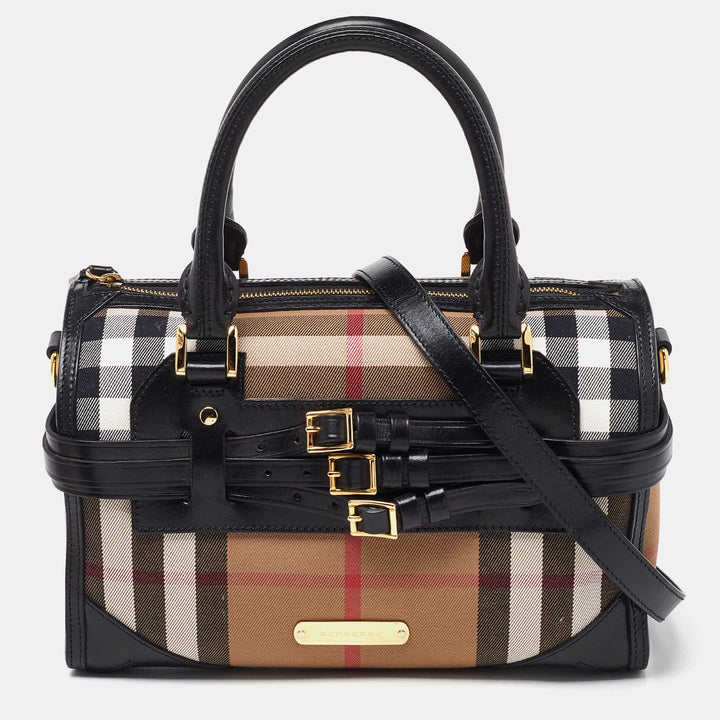 BURBERRY Beige/Black House Check Fabric and Leather Bridle Chester Bowler Bag