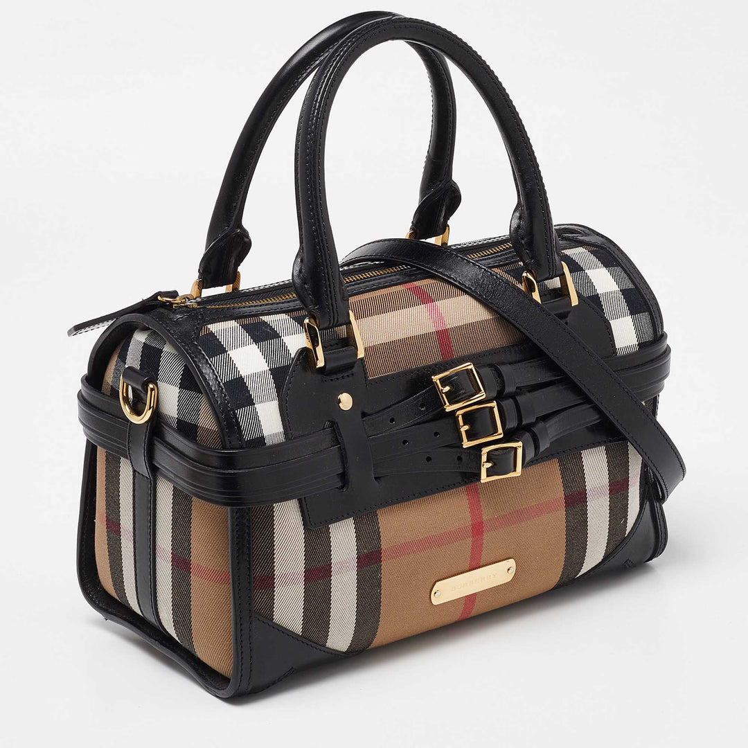 BURBERRY Beige/Black House Check Fabric and Leather Bridle Chester Bowler Bag