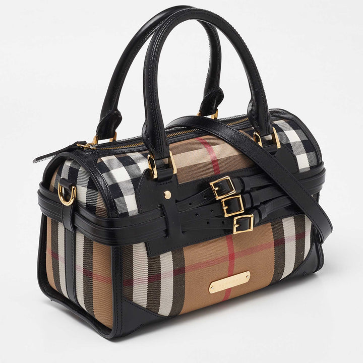 BURBERRY Beige/Black House Check Fabric and Leather Bridle Chester Bowler Bag