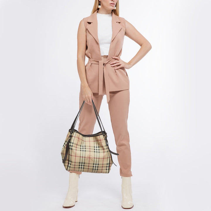 BURBERRY Beige/Brown Haymarket Check Coated Canvas and Leather Small Canterbury Tote