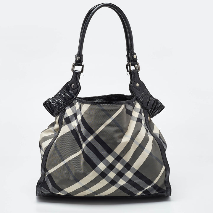 BURBERRY Black Beat Check Nylon and Patent Leather Tote