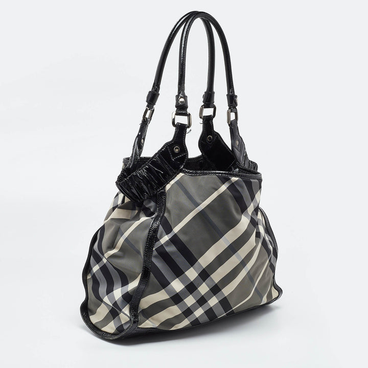 BURBERRY Black Beat Check Nylon and Patent Leather Tote