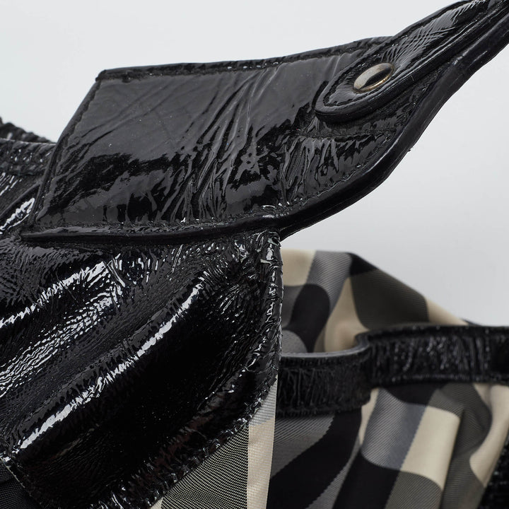 BURBERRY Black Beat Check Nylon and Patent Leather Tote