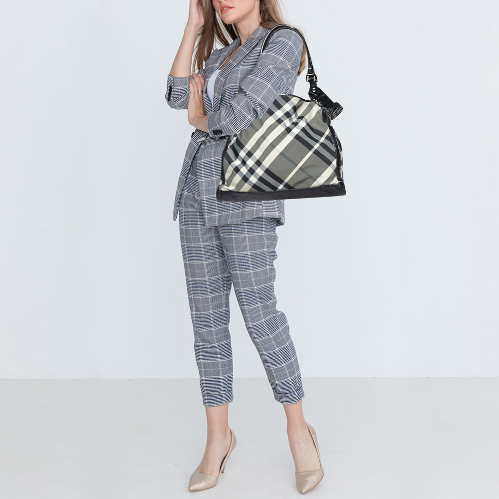 BURBERRY Black Beat Check Nylon and Patent Leather Tote