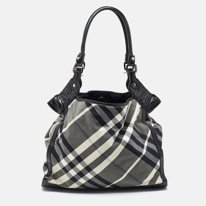 BURBERRY Black Beat Check Nylon and Patent Leather Tote