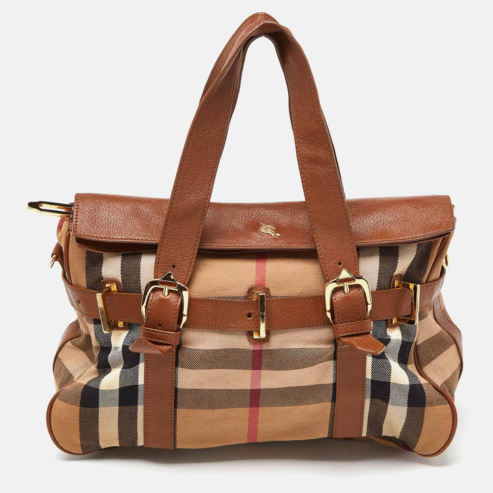 BURBERRY Beige House Check Canvas and Leather Tote