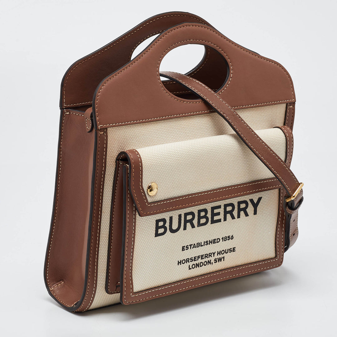 BURBERRY Beige/Brown Canvas and Leather Mini Pocket Tote