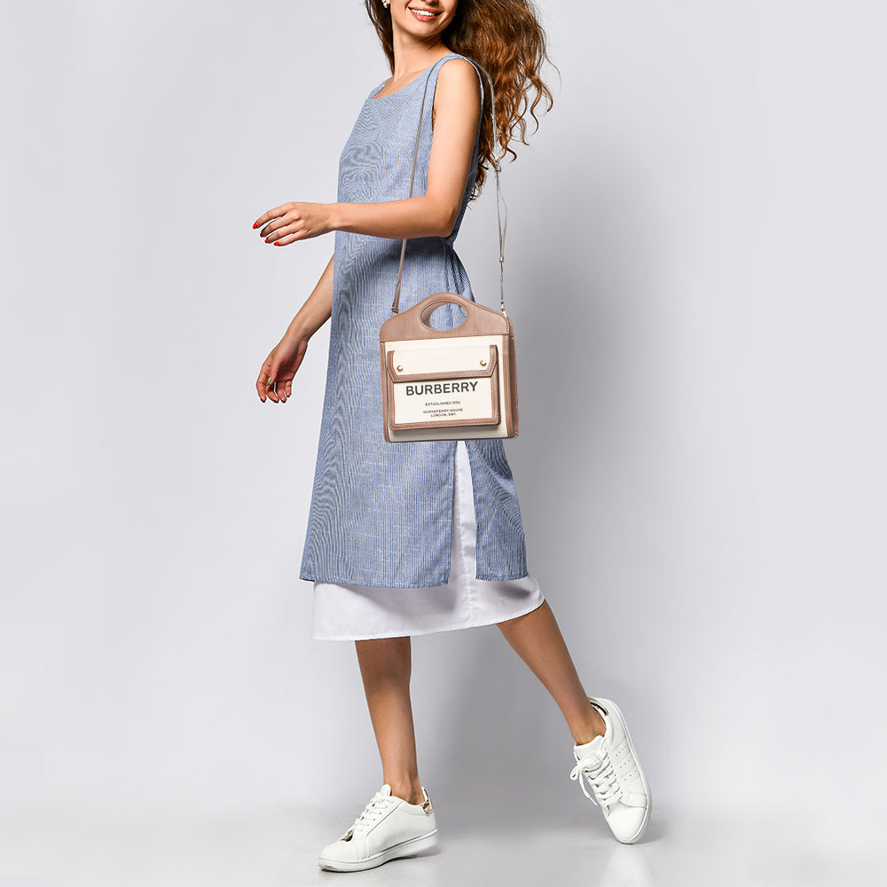 BURBERRY Beige/Brown Canvas and Leather Mini Pocket Tote