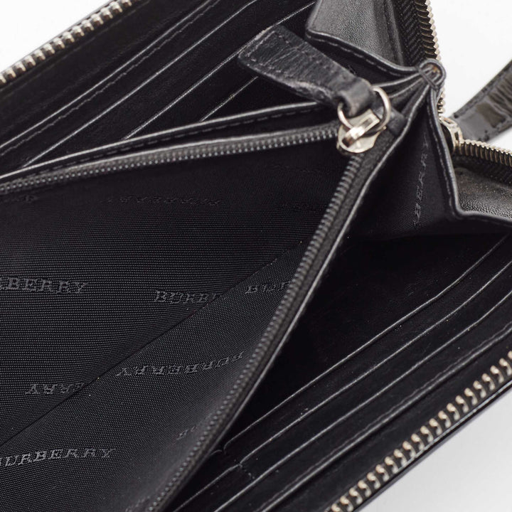 BURBERRY Black House Check Embossed Patent Leather Zip Continental Wallet