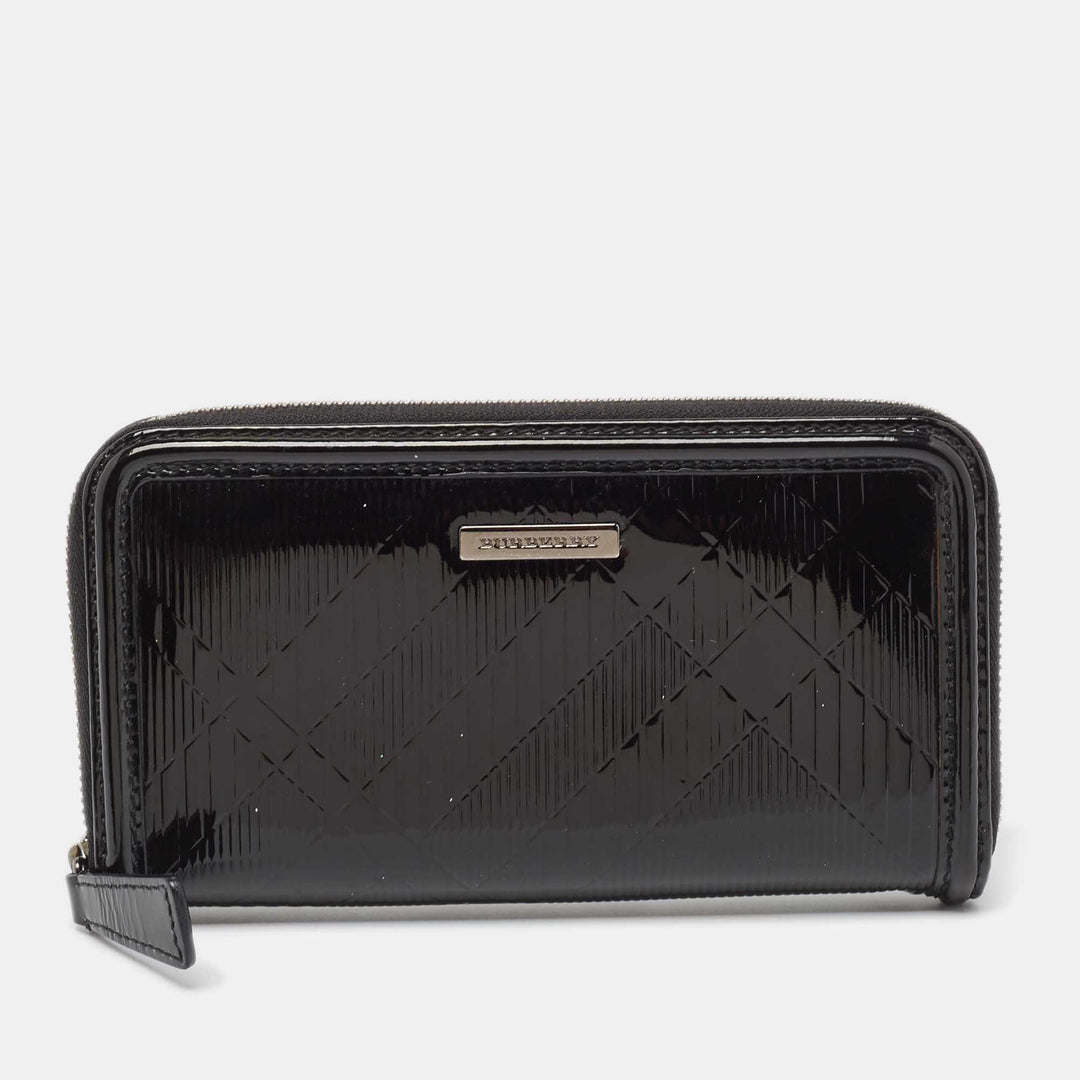 BURBERRY Black House Check Embossed Patent Leather Zip Continental Wallet