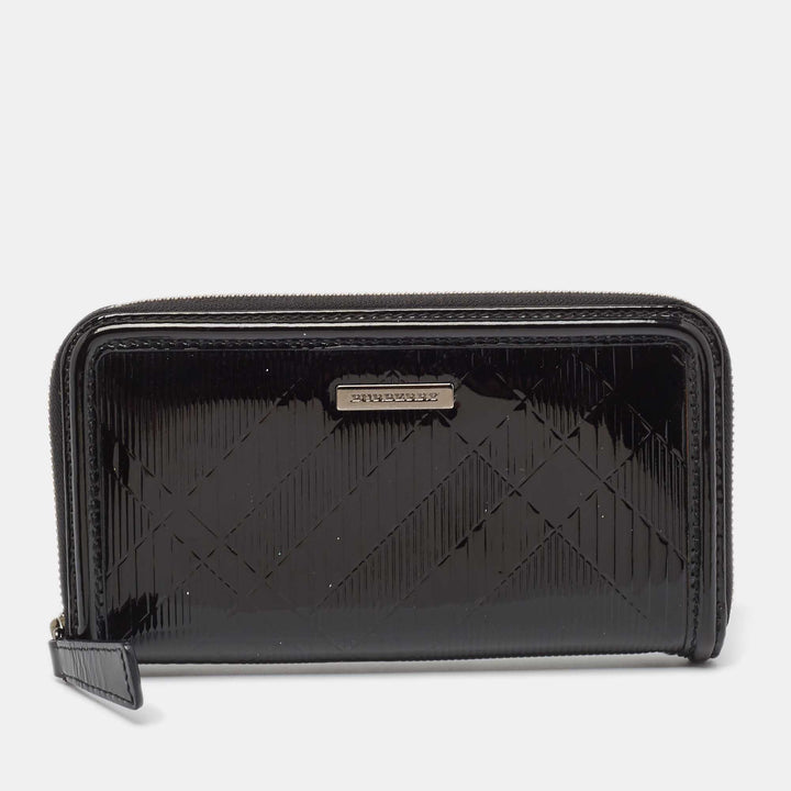 BURBERRY Black House Check Embossed Patent Leather Zip Continental Wallet