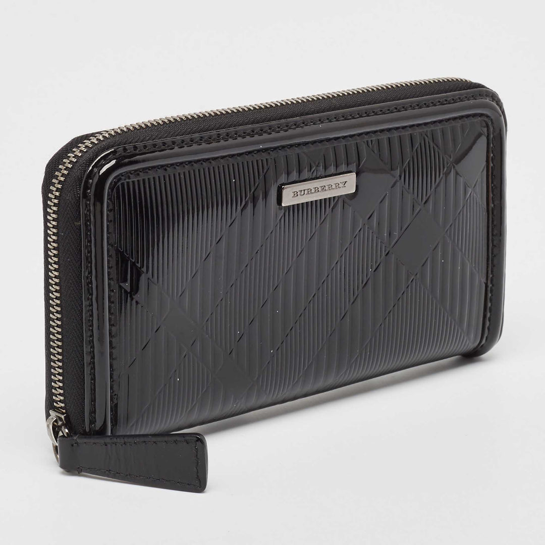 BURBERRY Black House Check Embossed Patent Leather Zip Continental Wallet
