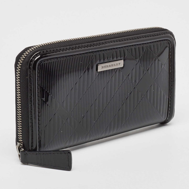 BURBERRY Black House Check Embossed Patent Leather Zip Continental Wallet