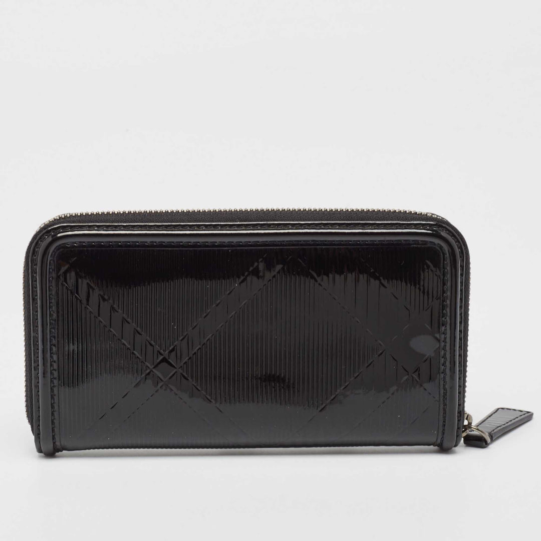 BURBERRY Black House Check Embossed Patent Leather Zip Continental Wallet