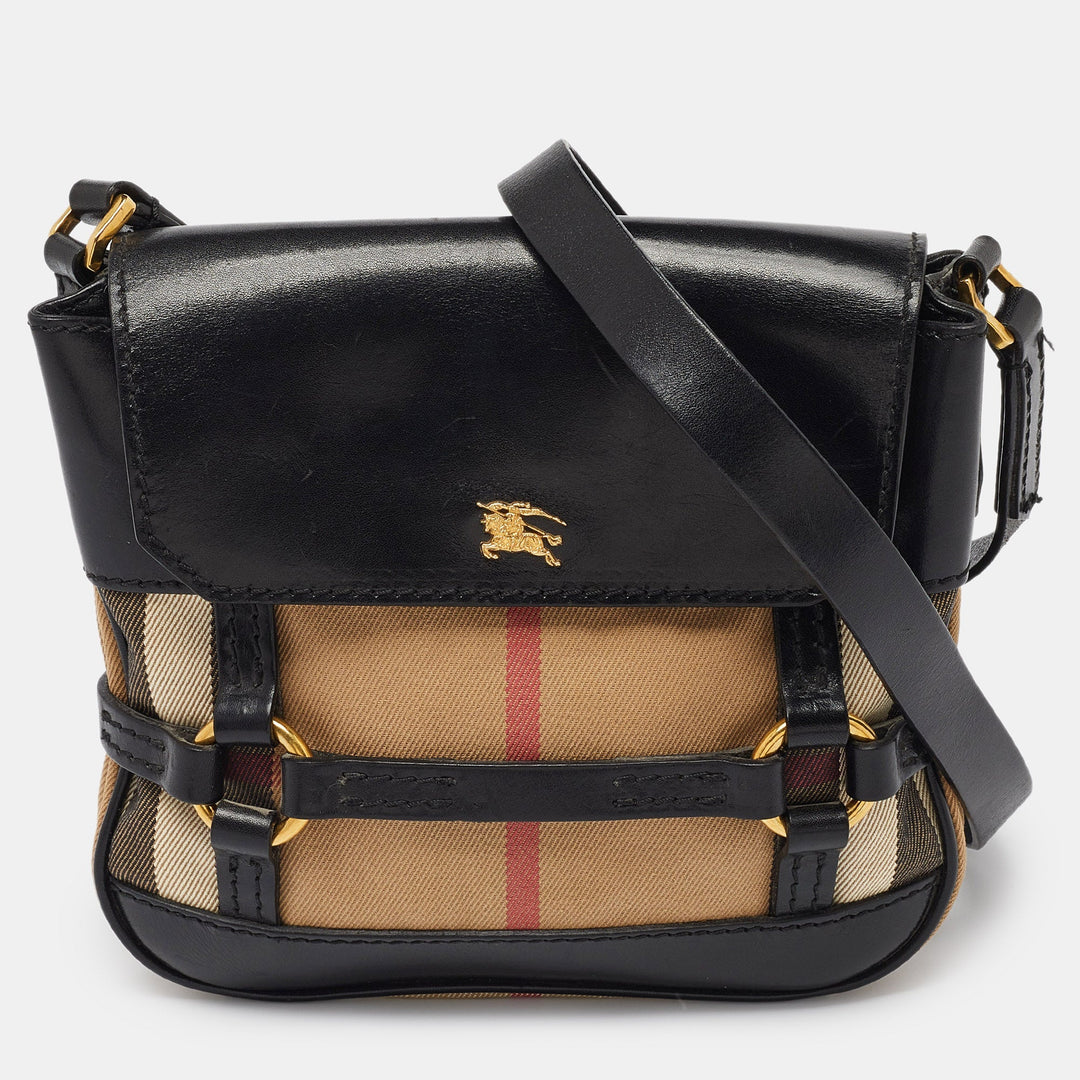 BURBERRY Beige/Black House Check Fabric and Leather Crossbody Bag