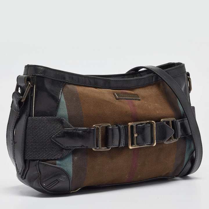 BURBERRY Black Check Canvas and Leather Belted Crossbody Bag