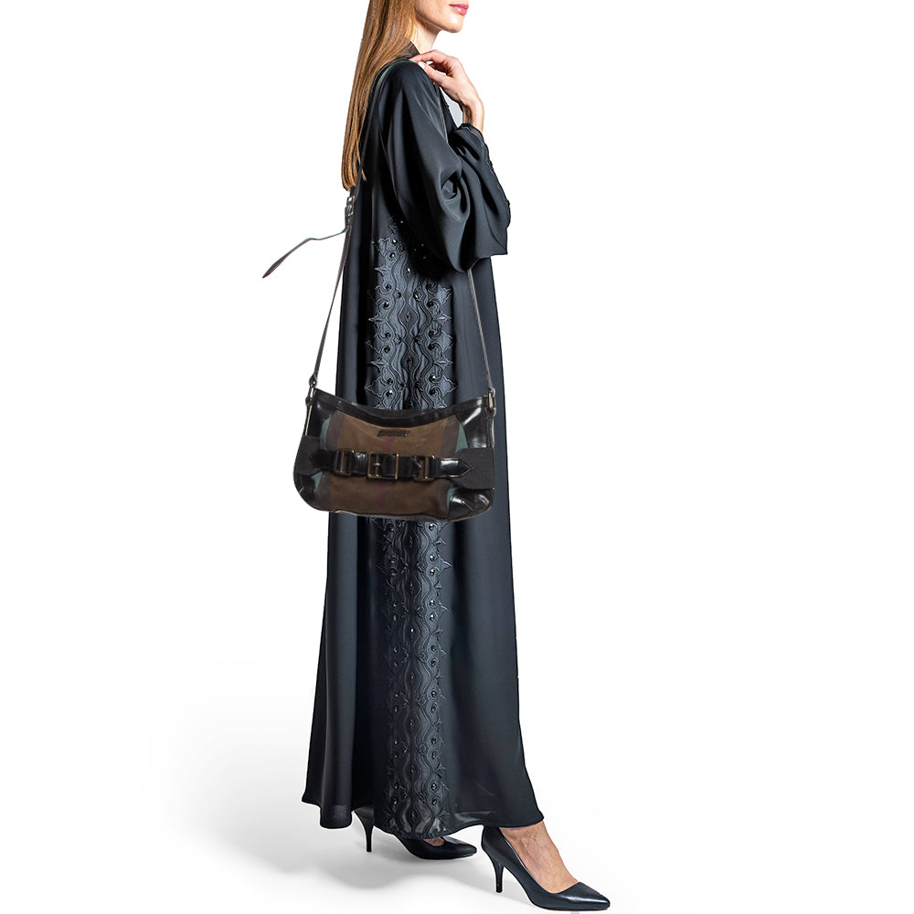 BURBERRY Black Check Canvas and Leather Belted Crossbody Bag