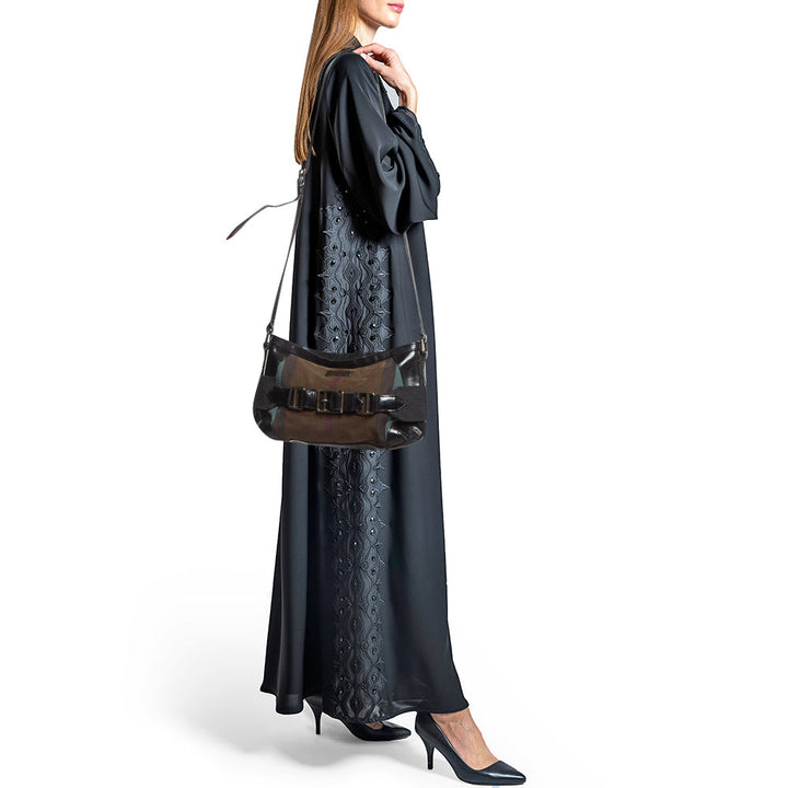 BURBERRY Black Check Canvas and Leather Belted Crossbody Bag
