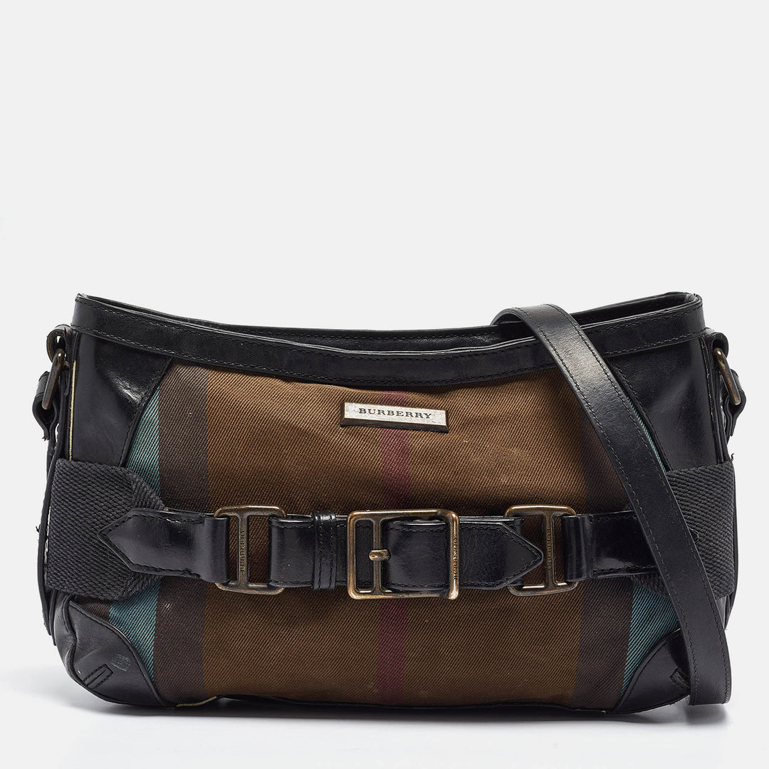 BURBERRY Black Check Canvas and Leather Belted Crossbody Bag