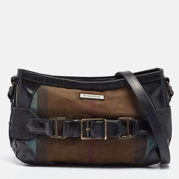 BURBERRY Black Check Canvas and Leather Belted Crossbody Bag