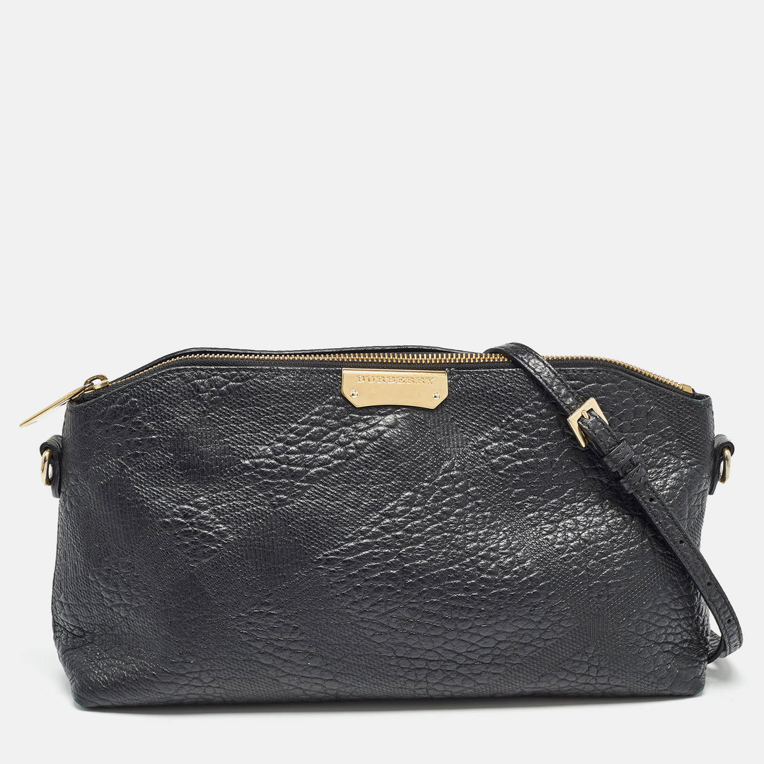 BURBERRY Black House Check Embossed Leather Peyton Crossbody Bag