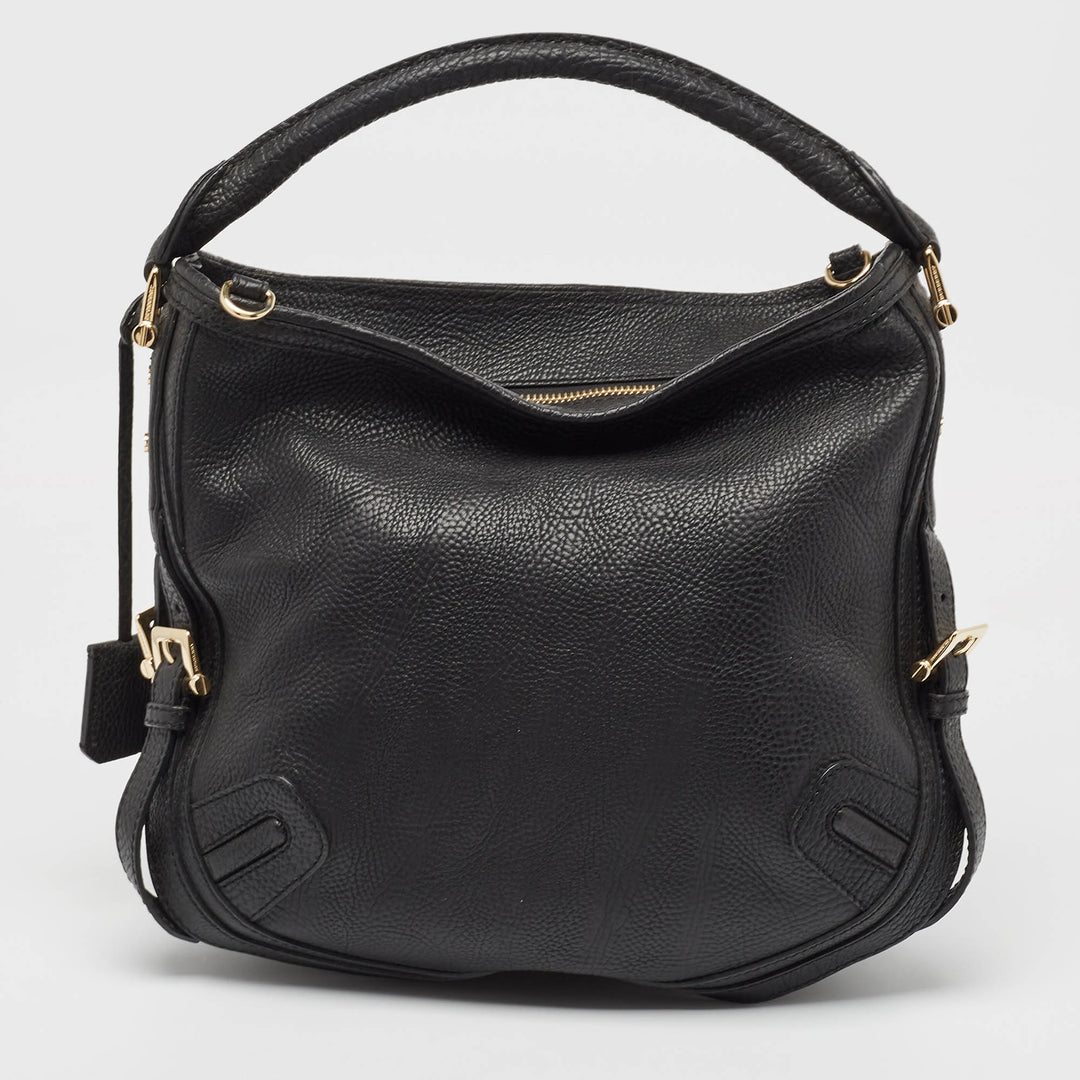 BURBERRY Black Grain Leather Hobo