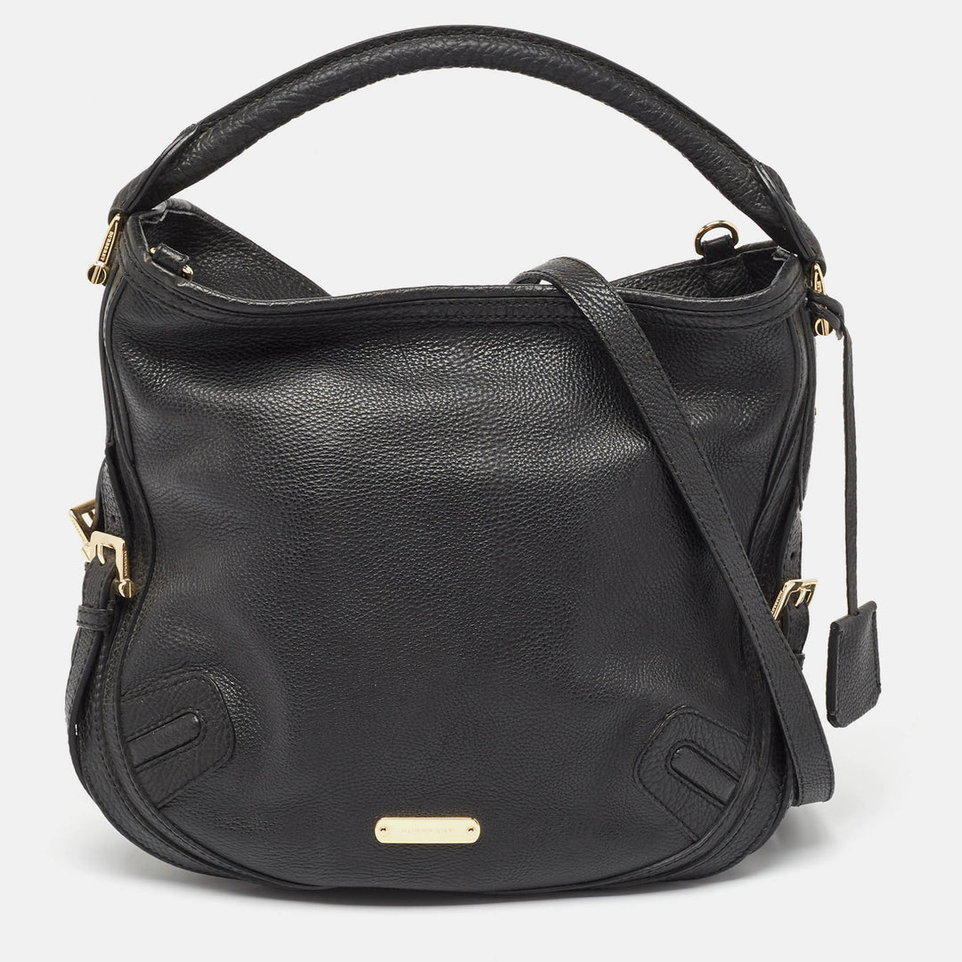 BURBERRY Black Grain Leather Hobo