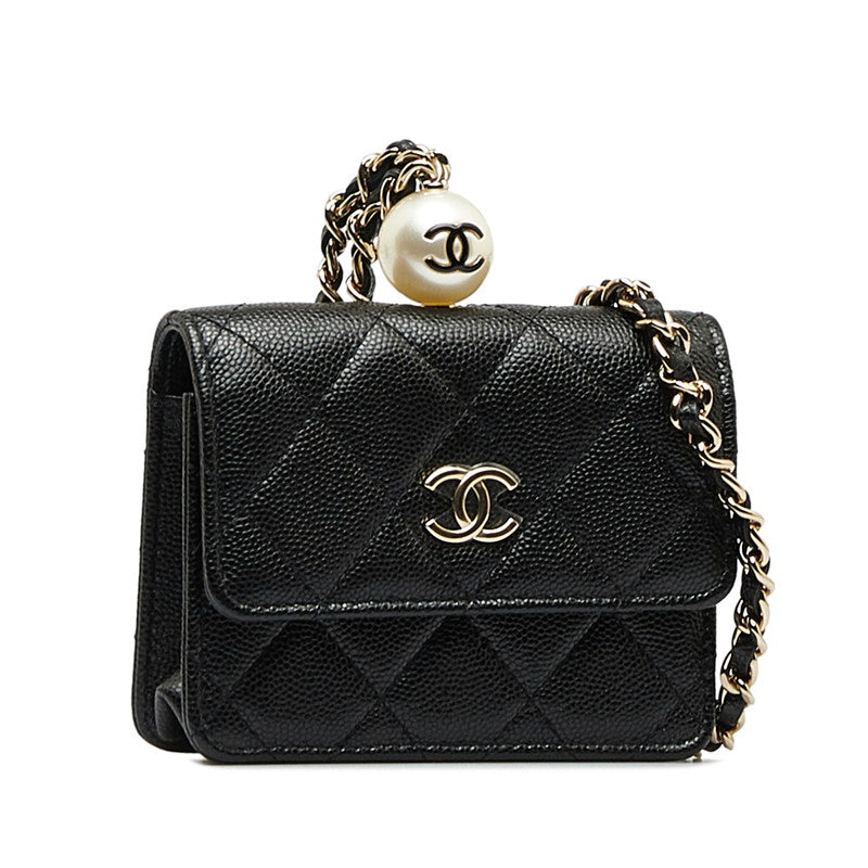 Top Quality Chanel Matrases Cocomark Fake Pearl Chain CoinPars Card Case Black Caviar   CHANEL