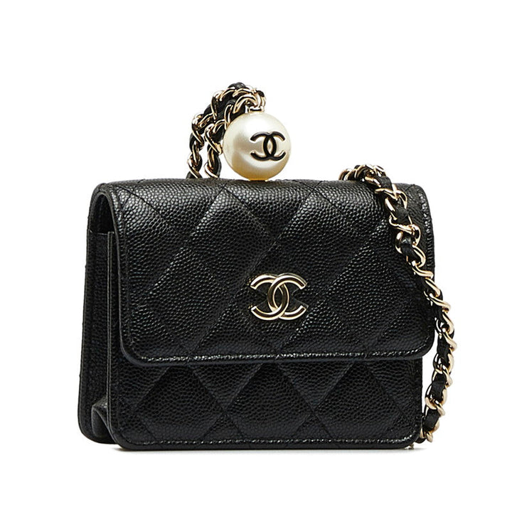 Top Quality Chanel Matrases Cocomark Fake Pearl Chain CoinPars Card Case Black Caviar   CHANEL