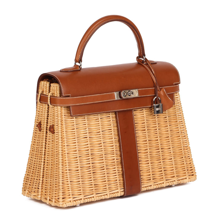 Top quality Hermes Barenia Leather & Wicker Kelly 35cm Picnic Top Handle Bag