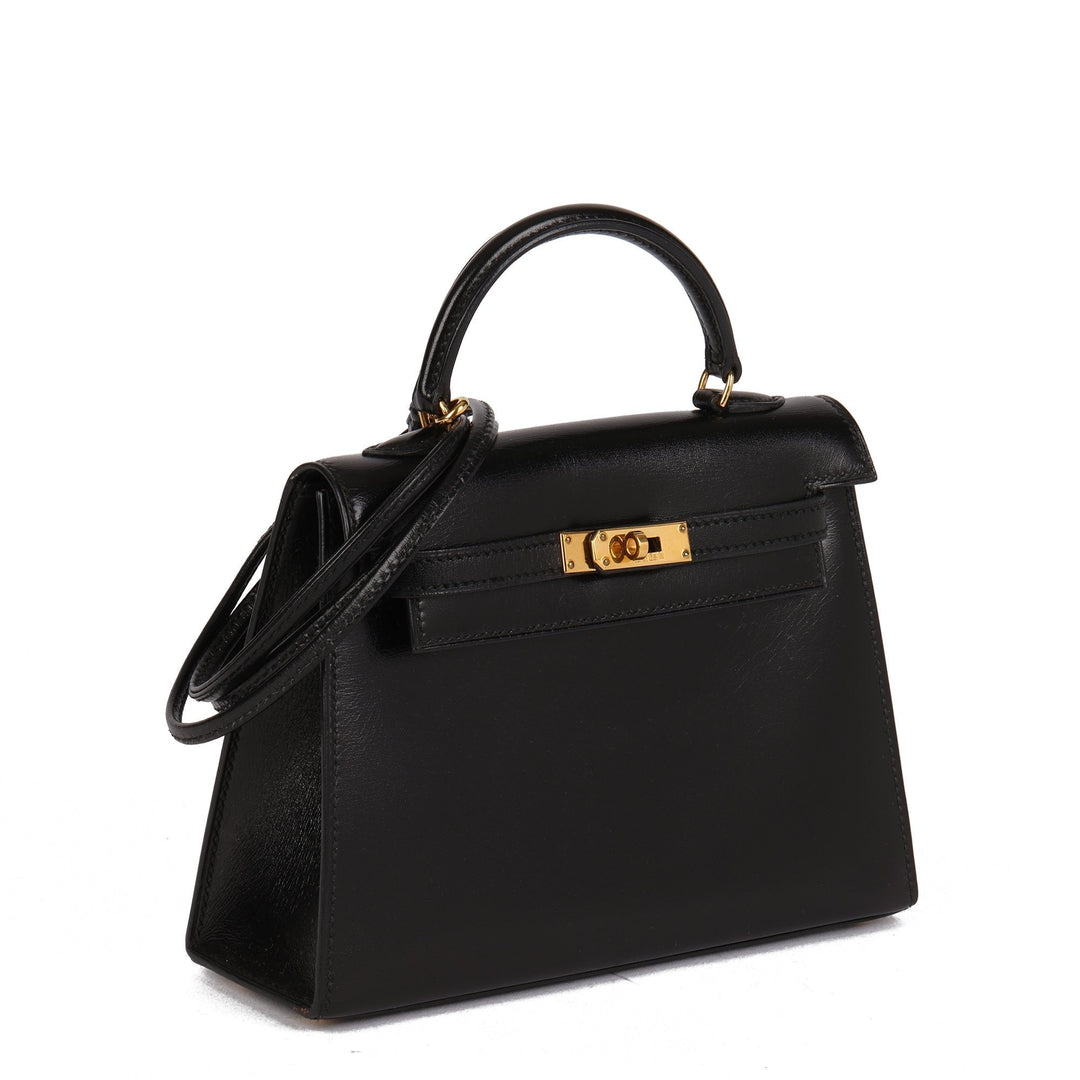 Top quality Hermes Black Box Calf Leather Vintage Kelly 15cm Sellier Shoulder Bag