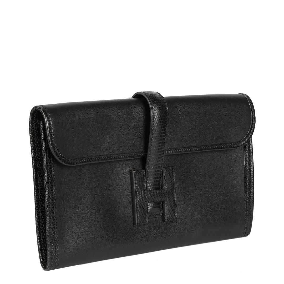 Top quality Hermes Black Swift Leather & Niloticus Lizard Leather Jige Elan 29 Clutch