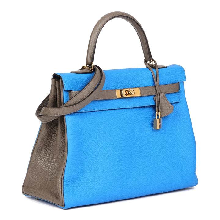 Top quality Hermes Blue Hydra & Etain Clemence Leather Special Order HSS Kelly 35cm Retourne Shoulder Bag