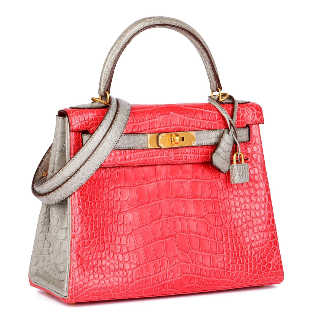 Top quality Hermes Bougainvillea & Gris Perle Matte Mississippiensis Alligator Leather HSS Special Order Kelly 28cm Retourne Shoulder Bag