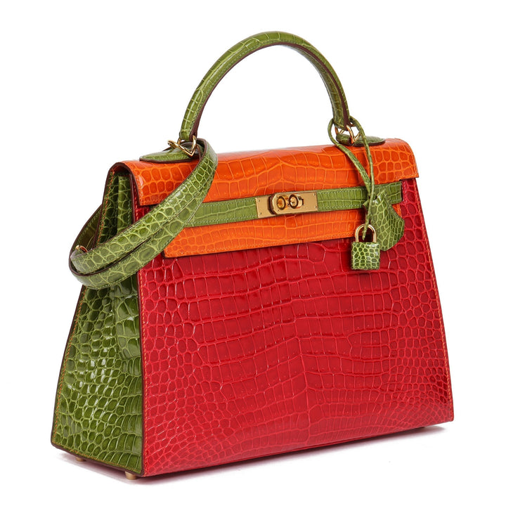 Premium Handmade Hermes Braise, Tangerine & Vert Anis Shiny Porosus Crocodile Leather Special Order HSS Kelly 32cm Sellier Shoulder Bag