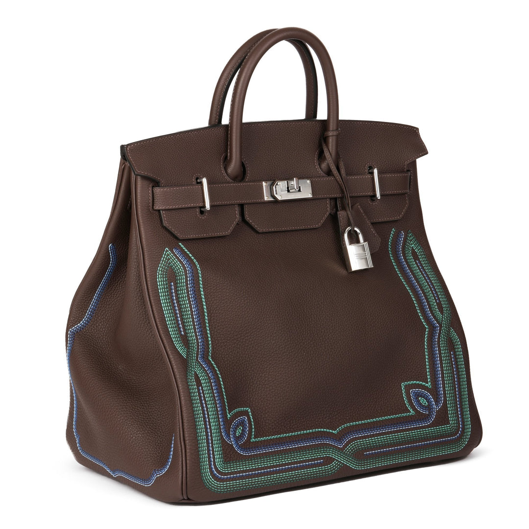 Top quality Hermes Ebene Embroidered Togo Leather Western Birkin 40cm HAC Tote