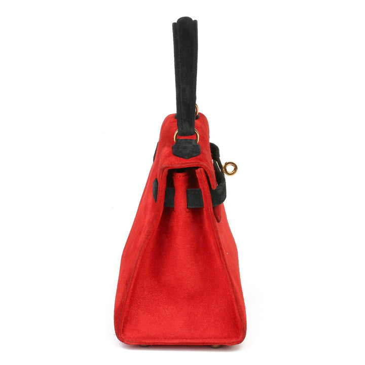 Top quality Hermes Rouge Vif & Black Veau Doblis Suede Vintage Kelly 20cm Sellier Shoulder Bag