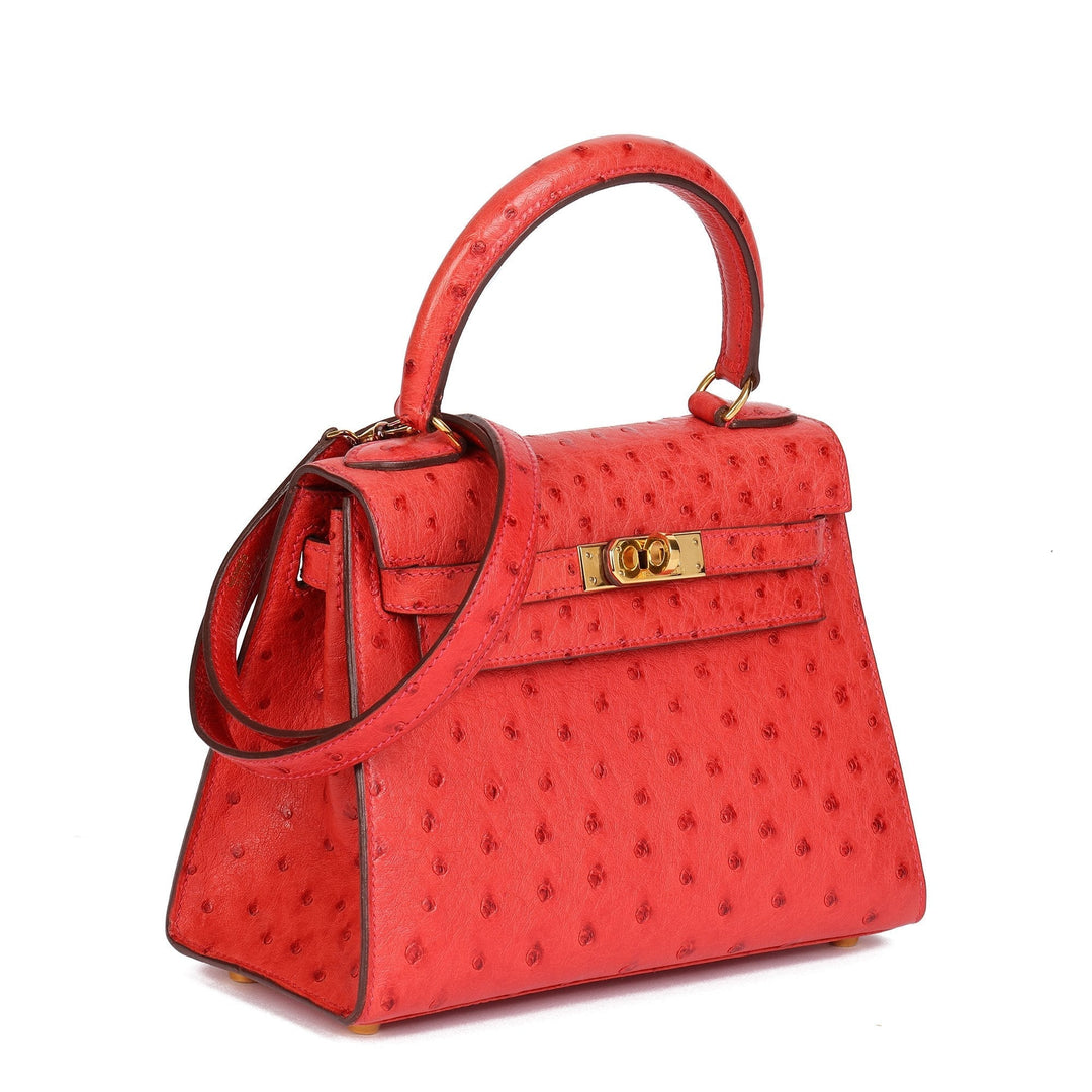 Top quality Hermes Rouge Vif Ostrich Leather Kelly 20cm Sellier Shoulder Bag