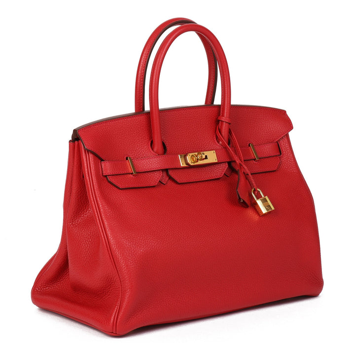 Premium Handmade Hermes Vermillion Clemence Leather Birkin 35cm Retourne Tote