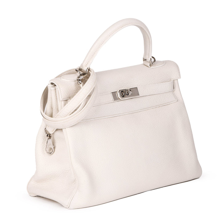 Top quality Hermes White Clemence Leather Kelly 32cm Retourne Shoulder Bag
